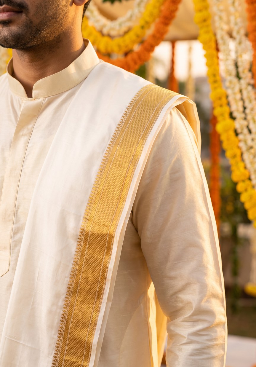 An angavastram in white wedding silk with a broad gold zari border, laid flat over the left shoulder above an ivory silk band-collar jubba.