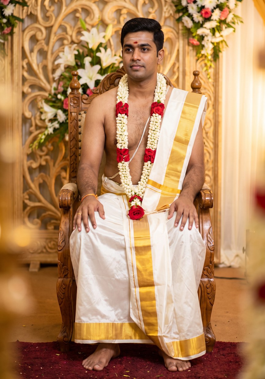 Seated portrait of a Tamil Brahmin groom in a white silk veshti with a broad gold zari border and a white angavastram, wearing a jasmine and red rose garland, in front of a carved gold wedding screen.