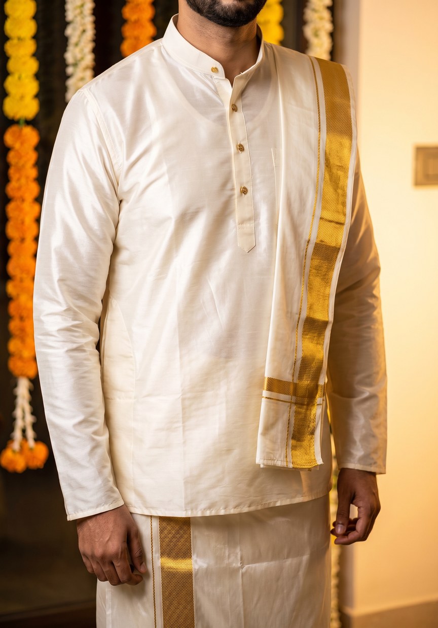 A formal jubba in ivory silk with a stand-up band collar and gold buttons, worn with a white angavastram and a gold-bordered veshti.