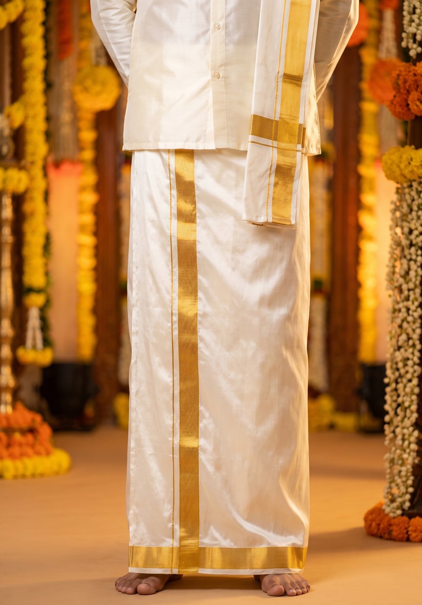 A wedding veshti in heavy white silk with a broad gold zari kasavu border running down the leading edge and along the hem, worn with an ivory silk jubba.