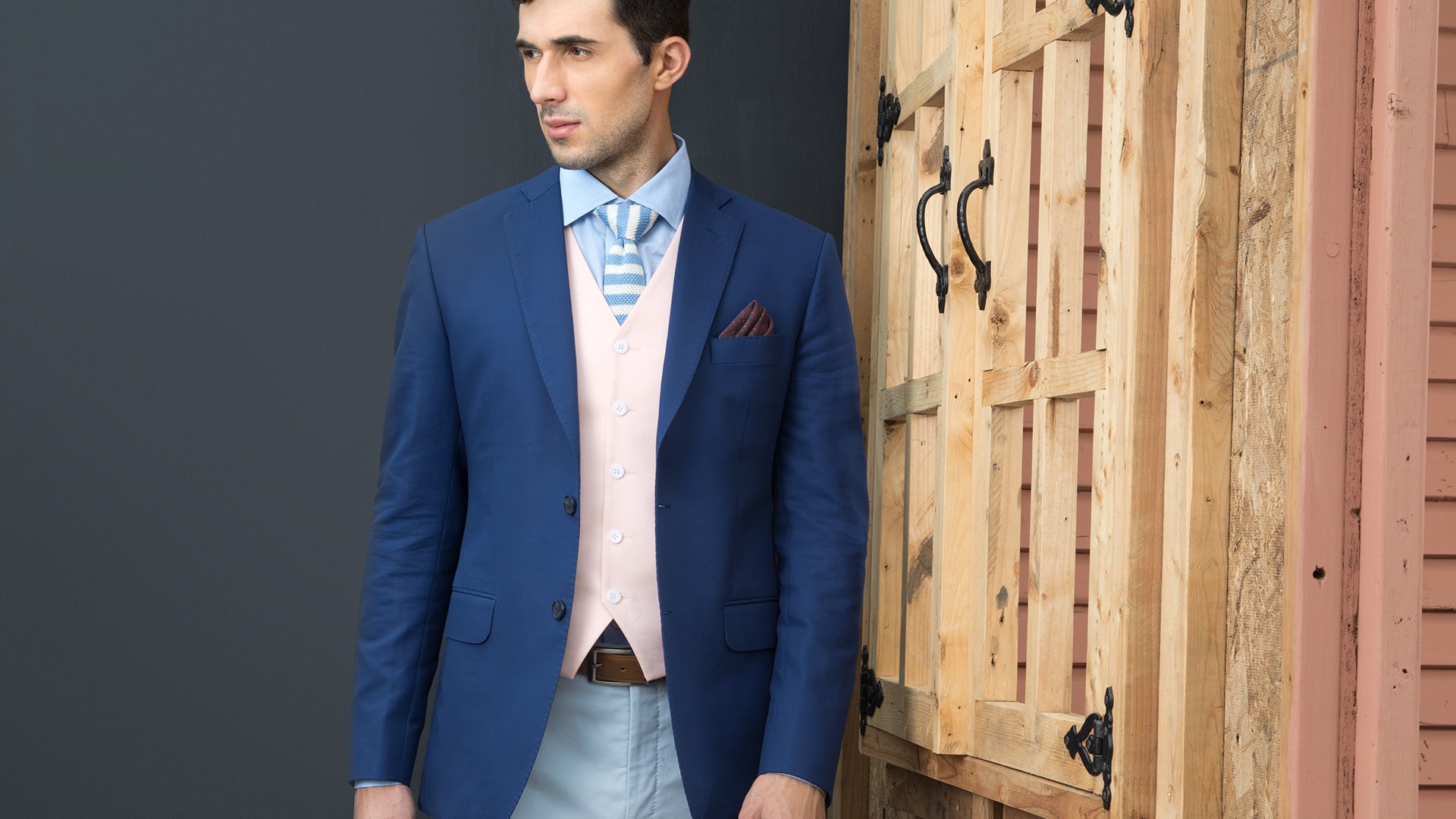 CAN’T TAKE OUR EYES OFF THIS AZURE, DEEP BLUE SINGLE BREASTED COAT PAIRED WITH A PINK WAISTCOAT
