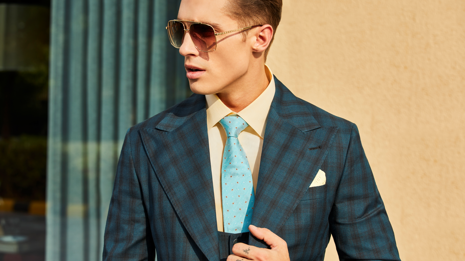 GREEN BROAD CHECKED THREE PIECE SUIT SINGLE BREASTED TWO BUTTON WITH WAIST COAT