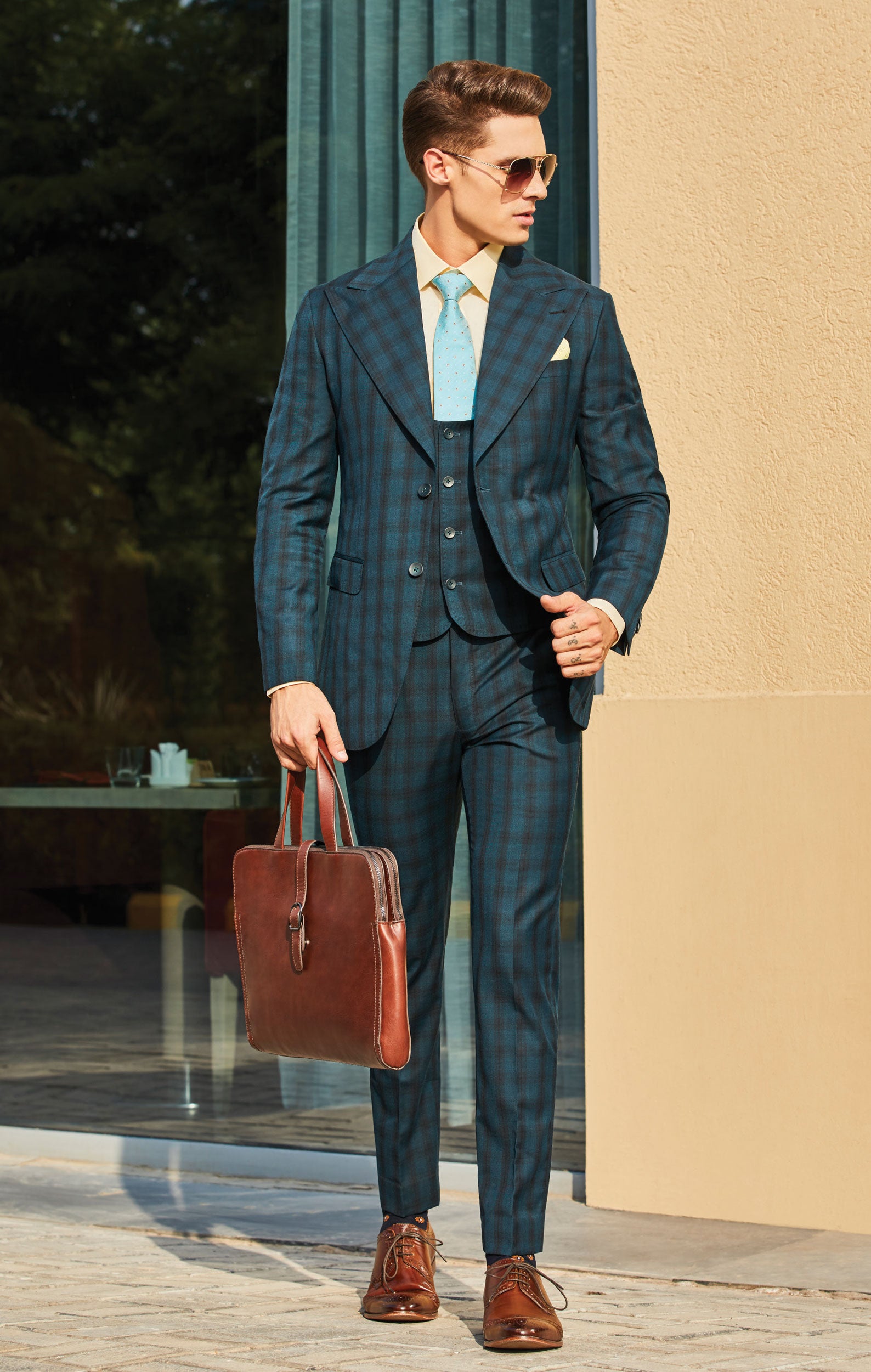 GREEN BROAD CHECKED THREE PIECE SUIT SINGLE BREASTED TWO BUTTON WITH WAIST COAT