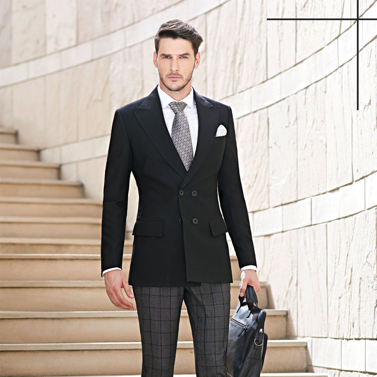 OSCAR BLACK BREASTED BLAZER WITH GREY CHECKED TROUSER