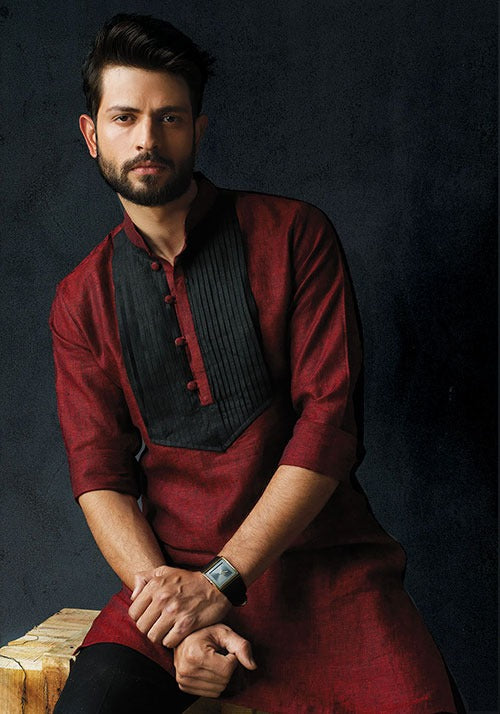 GENOA DEEP RED LINEN KURTA WITH BLACK PINTUCKS