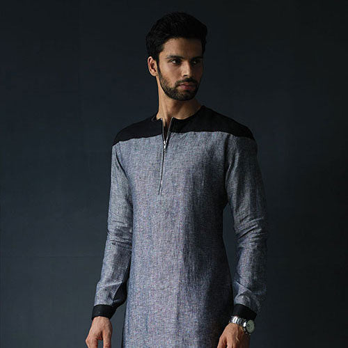 GREY LINEN KURTA WITH BLACK STYLING ON THE SHOULDER AND CUFF GIVING IT A CLASSY ETHNIC LOOK.