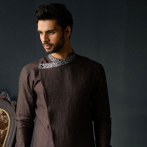 VALENCIA- A BROWN LONG LINEN KURTA WITH CHINESE COLLAR AND BEIGE PANTS.
