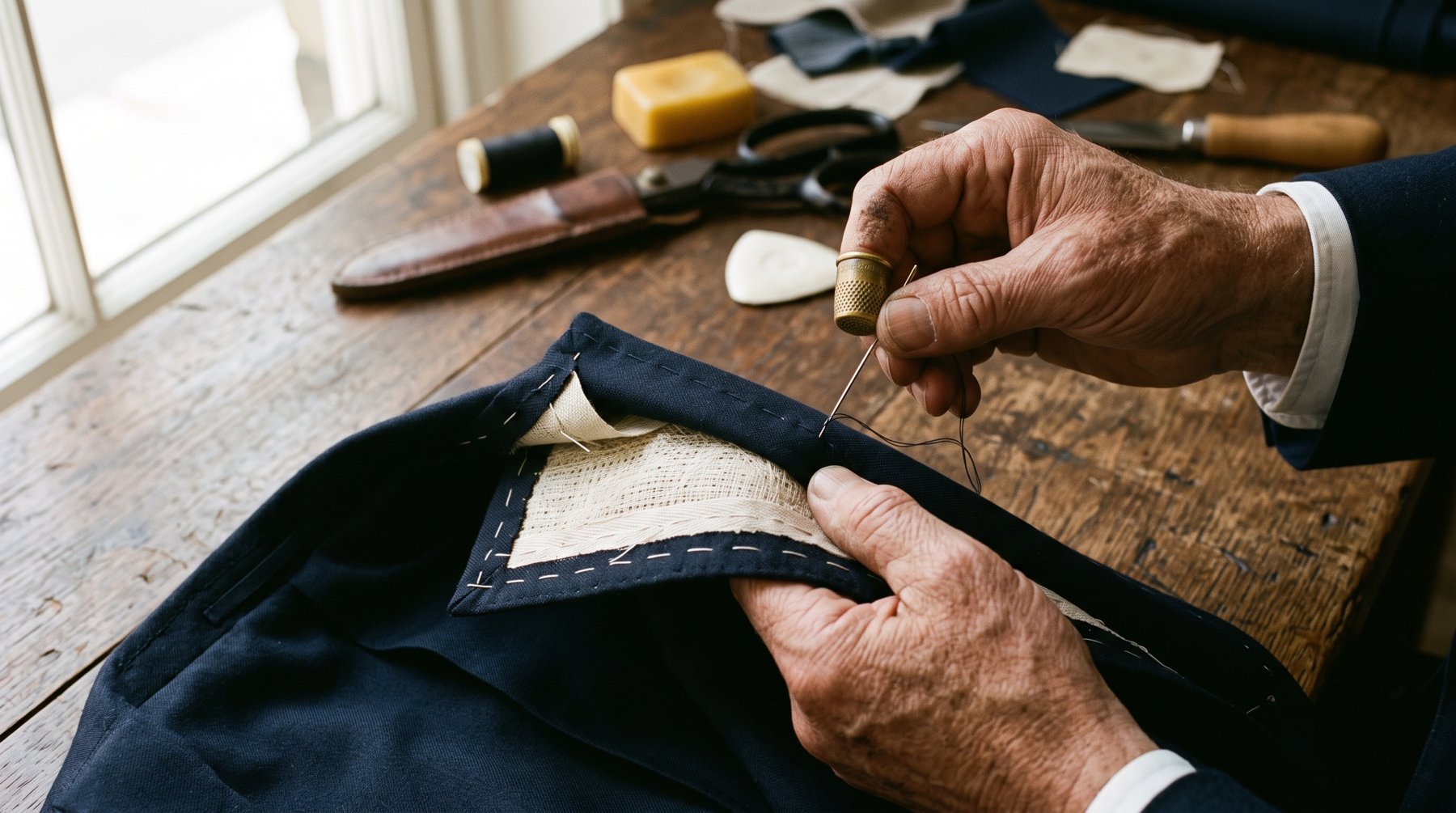 A master tailor hand-stitching a lapel at The Black Lapel